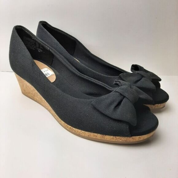 AMERICAN EAGLE AE New Peep Toe Bow Espadrille Cork Wedge Shoe Heels Black Sz 4.5 - Picture 2 of 13